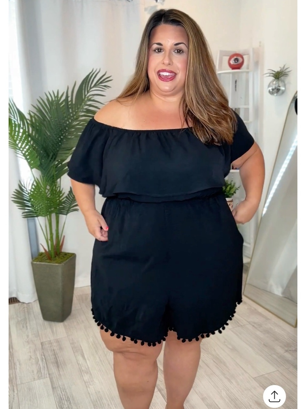 Plus Off-Shoulder Black Romper with Pom Pom Hem
